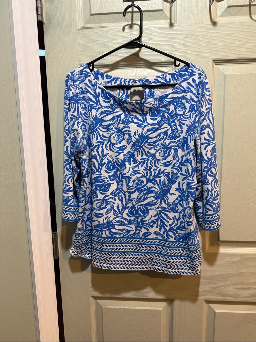 Lilly Pulitzer Blue and White Floral-Print Long Sleeve Top